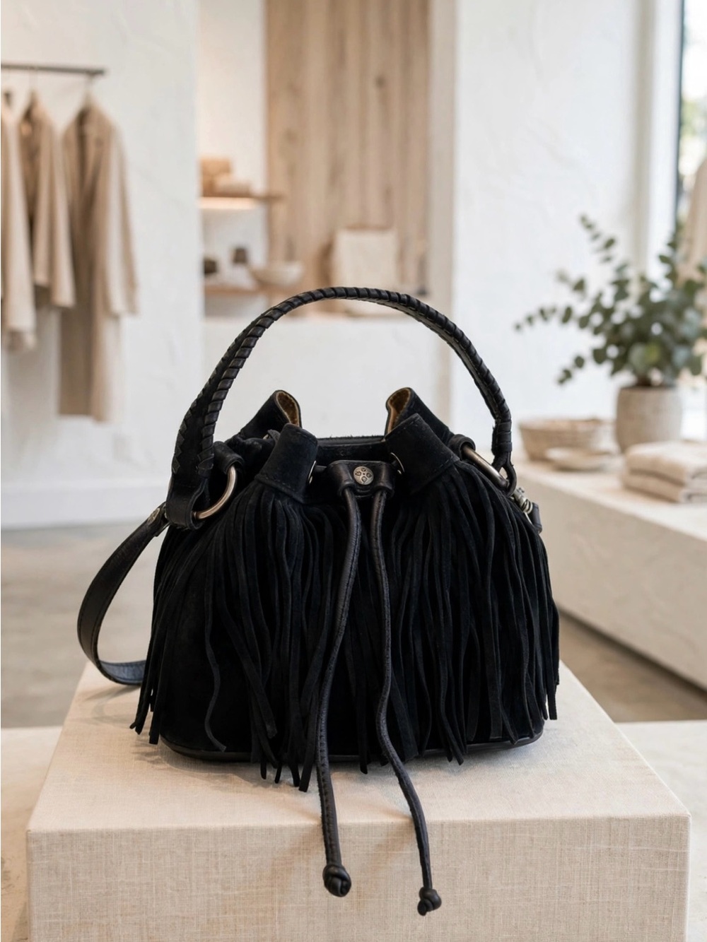 PATRICIA NASH Elisa Brushed
Italian Black Nubuck Leather Fringe
Bucket Bag